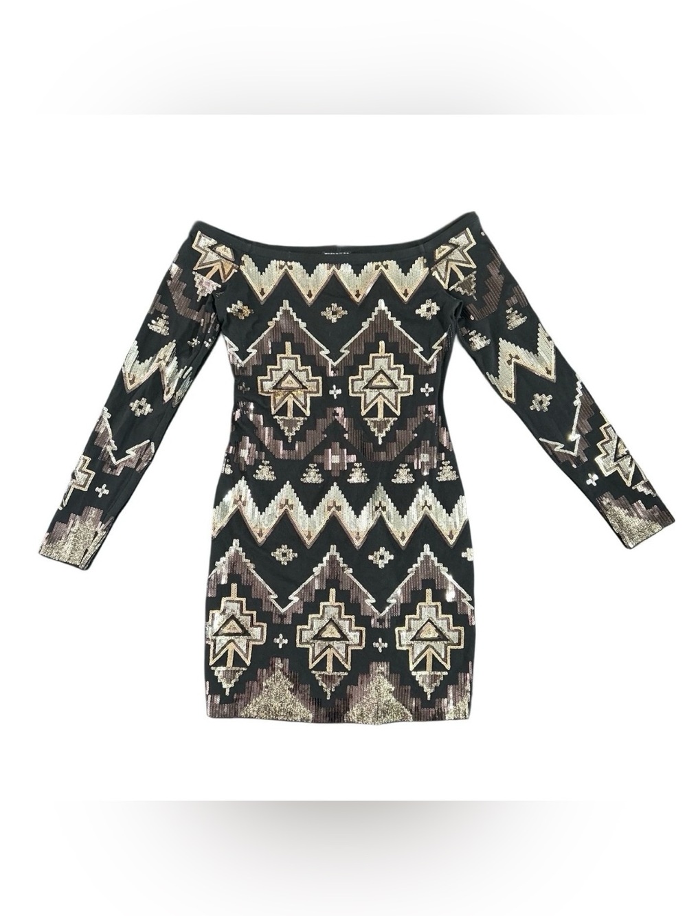 Express Dress Womens Size Small Black Gold Metallic Aztec Sequin